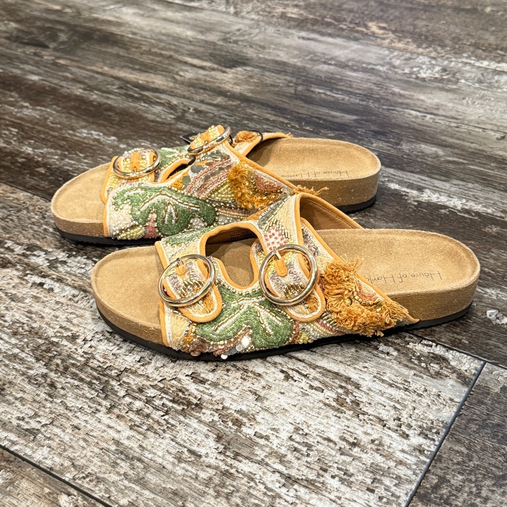 House of Harlow Slides 1960 Beaded Leaf Leather Buckle Sandals Size 8.5 NWT‎ - Picture 11 of 15